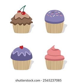 A collection of cupcakes with different colored toppings. Set of muffin. Dessert food. Berry muffin. Chocolate muffin.