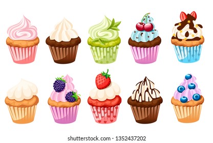 Collection of cupcakes with different ingredients. Set of sweet cakes. Colorful dessert. Flat vector illustration isolated on white background.