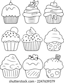 collection of cupcakes illustration, black and white, coloring, educational kids activity