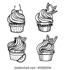  Collection of cupcakes. Muffins. Food. Dessert. Sweet pastries with cream. Linear art. Black and white drawing by hand. Doodle. Tattoo. Graphic arts.