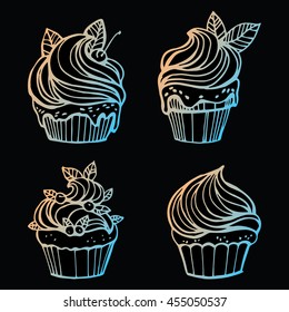 Collection of cupcakes. Muffins. Food. Dessert. Sweet pastries with cream. Linear art. Black and white drawing by hand. Doodle. Tattoo. Graphic arts.