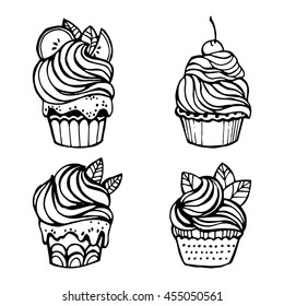 Collection of cupcakes. Muffins. Food. Dessert. Sweet pastries with cream. Linear art. Black and white drawing by hand. Doodle. Tattoo. Graphic arts.