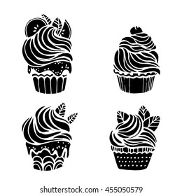 Collection of cupcakes. Muffins. Food. Dessert. Sweet pastries with cream. Linear art. Black and white drawing by hand. Doodle. Tattoo. Graphic arts.