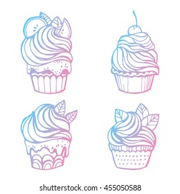  Collection of cupcakes. Muffins. Food. Dessert. Sweet pastries with cream. Linear art. Black and white drawing by hand. Doodle. Tattoo. Graphic arts.