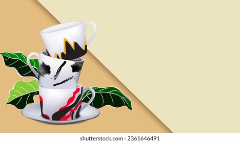 Collection of cups with abstract motifs in several colors. Vector set of mugs arranged on top of each other.