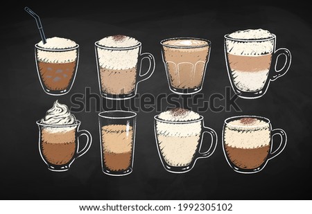 Collection of cups of coffee drinks with milk isolated on black chalkboard background. Vector chalk drawn sideview grunge illustrations.