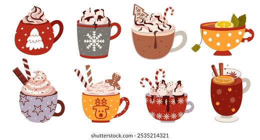 Collection of cups of coffee and tea drinks with whipped cream, chocolate, cookies, candy. Set of mugs with hot beverage and decoration for wintertime seasonal holidays. Autumn and winter hot drinks.