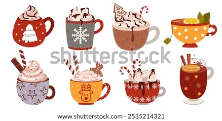 Collection of cups of coffee and tea drinks with whipped cream, chocolate, cookies, candy. Set of mugs with hot beverage and decoration for wintertime seasonal holidays. Autumn and winter hot drinks.