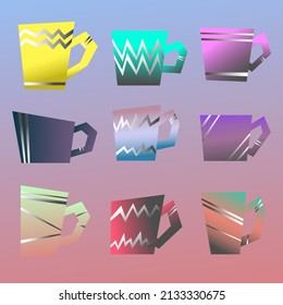 Collection of cups in different colors in vector. Cups of abstract shapes with gradient and geometric patterns.
