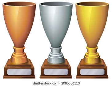 Collection of cups in gold, silver and bronze (isolated)