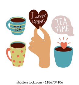 Collection of cups, hand and inscription "tea time"