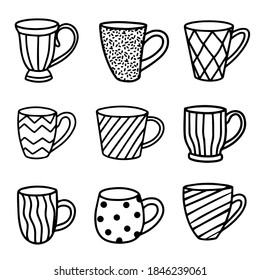 Collection of cups isolated on a white background. Vector illustration in Doodle style.