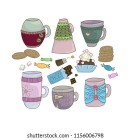 Collection of cups in knitted sweaters and some sweets around. Vector EPS 10. 