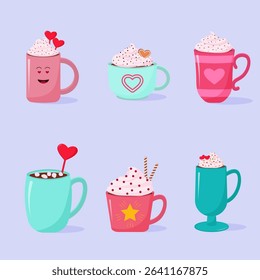 Collection of cups, mugs. Hot cocoa drinks, chocolate with whipped cream. For Valentine's Day, for New Year. Festive drinks. Vector illustration