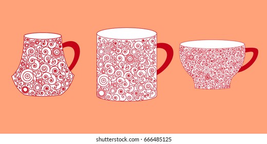 Collection of cups in red color with spiral ornament. Vector illustration.