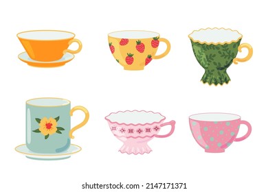 Collection of cups, saucers for tea, coffee. Decorative kitchen tools, ceramic drinkware, glassware for morning drink. Household utensils. Set of colored mugs. Cartoon vector isolated illustration