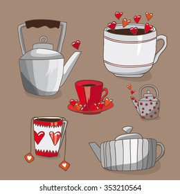 Collection cups and teapots for two. Three cups and three different kettle. Landscape love hearts. Background brown.