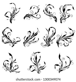 Collection of curl floral vector graphic with spiral leaves. Abstract silhouette of swirl branches with spine and sharp top like a weed.