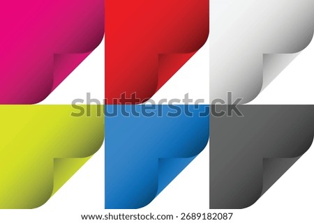 A collection of curled page corners in multiple colors (magenta, red, white, yellow, blue, black). Perfect template for notes, stickers, web banners, or any design project requiring a peel-off effect.