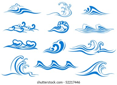 Collection of curling waves with ripples, crests, curlicues and breaking rollers in twelve different designs in blue, vector illustration. Jpeg version also available