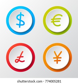 Collection of currency hand drawn symbols - 3d buttons. Vector.