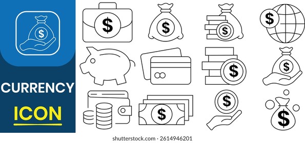 Collection of currency icon vector. Currency icon vector. Money, savings, cash, earning, wallet, currency, dollar, card, coin, piggy bank, finance, banking, coins, credit card. vector illustration.