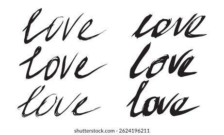 Collection of cursive ink hand drawn capital letters LOVE, black grunge handwriting, love concept, set of hand drawn black lettering LOVE, Mother's Day, Valentine's Day, International Women's Day
