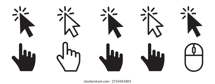 Colección de los iconos del cursor y de la mano que representan el Hacer clic del ratón y la entrada del tacto del dedo para la interacción digital