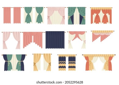 Collection of curtains with different color and shapes home decor vector illustration on white background
