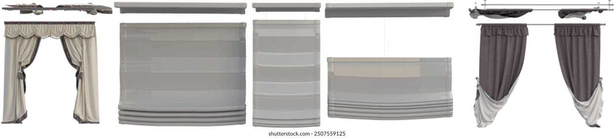 Collection of curtains isolated on transparent background