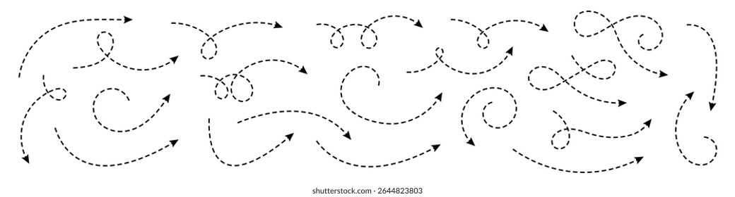Coleção de setas curvas com linhas tracejadas. Elementos minimalistas para navegação, direção, visualização de processos e design gráfico.