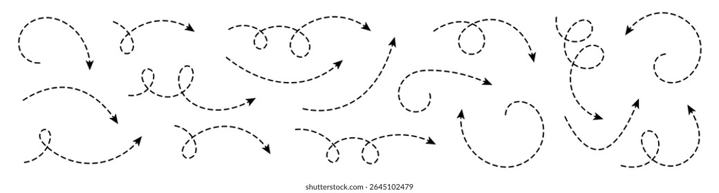 Collection of curved arrows with dashed lines. Minimalist elements for navigation, direction, process visualization, and graphic design.