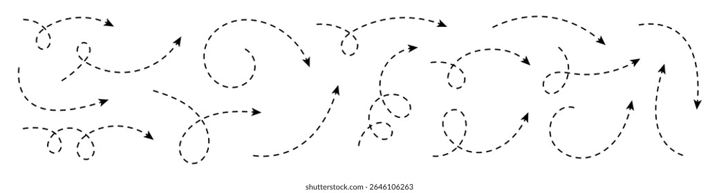 Coleção de setas curvas com linhas tracejadas. Elementos minimalistas para navegação, direção, visualização de processos e design gráfico.