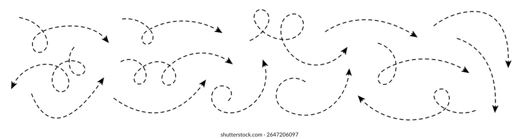 Coleção de setas curvas com linhas tracejadas. Elementos minimalistas para visualização, navegação, direção, processo e design gráfico.
