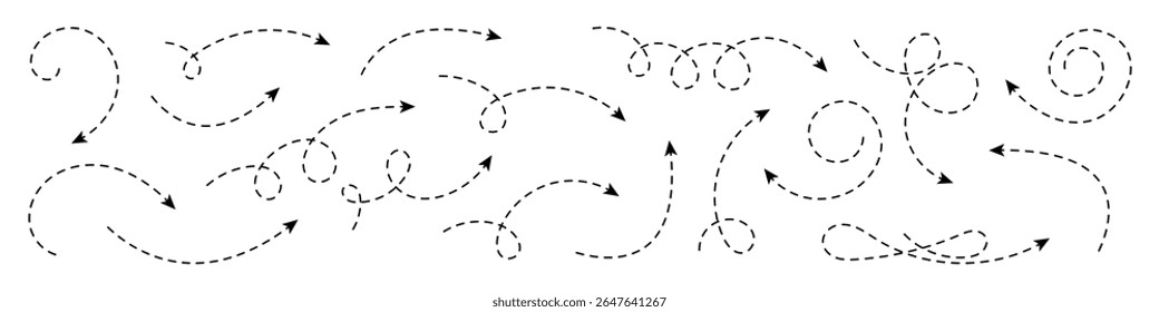 Coleção de setas curvas com linhas tracejadas. Elementos minimalistas para navegação, direção, visualização de processos e design gráfico.