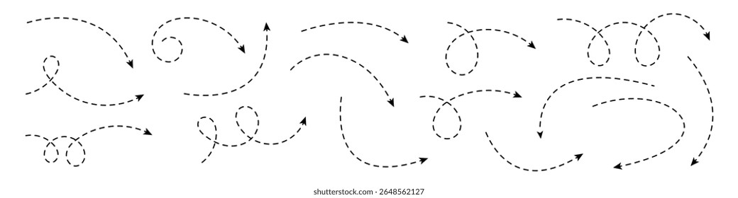 Coleção de setas curvas com linhas tracejadas. Elementos minimalistas para navegação, direção, visualização de processos e design gráfico.