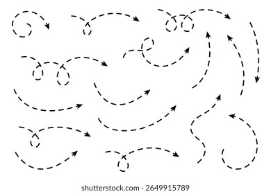 Coleção de setas curvas com linhas tracejadas. Elementos minimalistas para visualização, navegação, direção, processo e design gráfico.