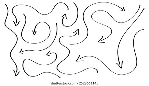 Una colección de flechas curvas ilustra un diseño complejo y abstracto sobre un fondo en blanco, mostrando movimiento dinámico y flujo