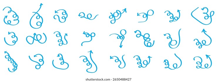 Collection curved arrows painted bold brush. Hand drawn vector thick marker arrows. Curved and wavy brush strokes. Seamless banner with vector direction pointers. Bold brush strokes with scratches