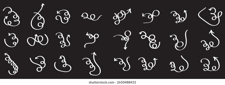 Flechas curvas de colección pintadas con pincel atrevido. Flechas marcadoras gruesas de Vector dibujadas a mano. Pinceladas curvas y onduladas. Anuncio sin fisuras con punteros de dirección del Vector. Pinceladas atrevidas con arañazos