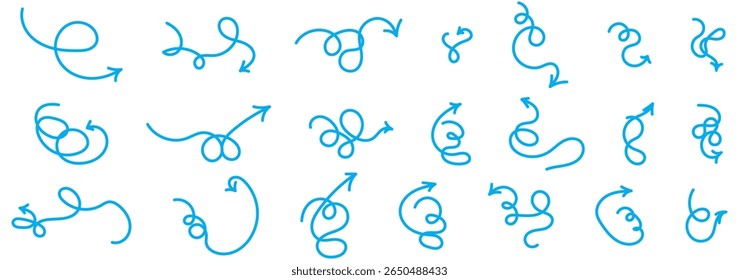Collection curved arrows painted bold brush. Hand drawn vector thick marker arrows. Curved and wavy brush strokes. Seamless banner with vector direction pointers. Bold brush strokes with scratches