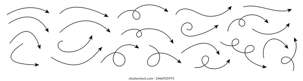 Collection of curved arrows. Set simple curved hand drawn arrows. Collection of pointers.