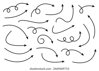 Collection of curved arrows. Set simple curved hand drawn arrows. Collection of pointers.