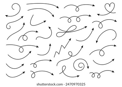 Collection of curved arrows. Set simple curved hand drawn arrows. Collection of pointers.