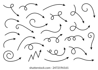 Collection of curved arrows. Set simple curved hand drawn arrows. Collection of pointers.