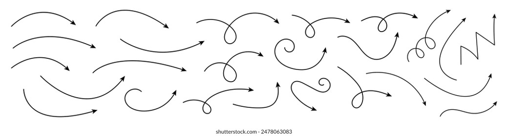 Collection of curved arrows. Set simple curved hand drawn arrows. Collection of pointers.