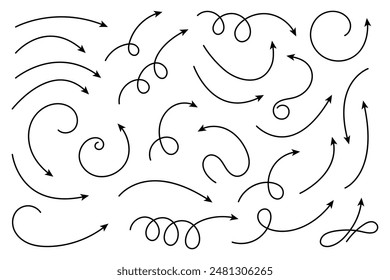 Collection of curved arrows. Set simple curved hand drawn arrows. Collection of pointers.