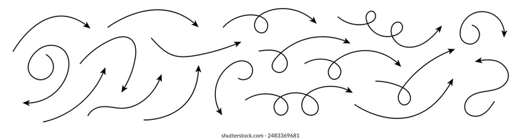 Collection of curved arrows. Set simple curved hand drawn arrows. Collection of pointers.