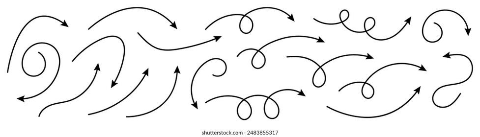 Collection of curved arrows. Set simple curved hand drawn arrows. Collection of pointers.