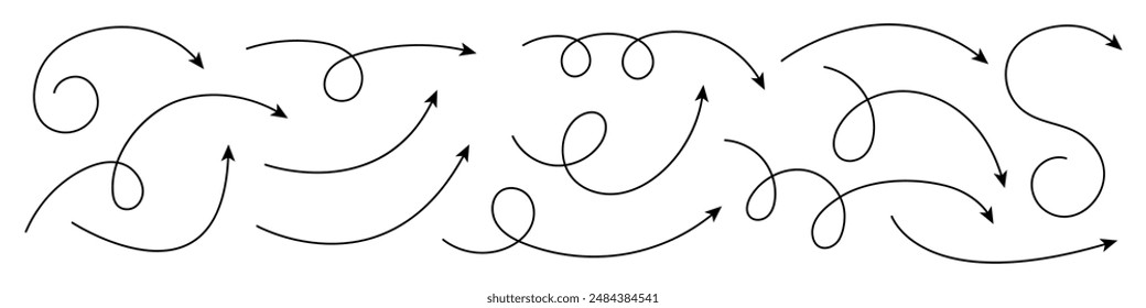 Collection of curved arrows. Set simple curved hand drawn arrows. Collection of pointers.